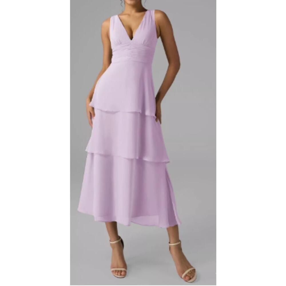 V-Neck Tiered Midi Dress - Lilac